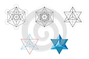 Set of geometrical elements and shapes. Sacred Geometry Davids Star development from Metatron Cube.