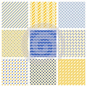 Set of geometrical seamless patterns in blue, yellow and white.