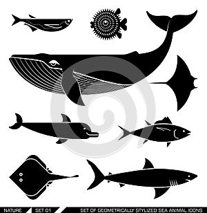 Set of geometrically stylized sea animal icons