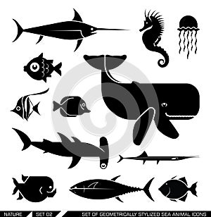 Set of geometrically stylized sea animal icons