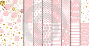 Set of sweet pink seamless pattern Pink dotted background collection Baby girl geometric ornamental template vector