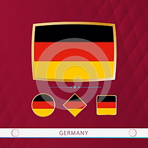 Set of Germany flags with gold frame for use at sporting events on a burgundy abstract background