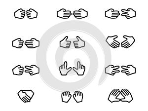 Set of gesture icons with two hands, outline style, vector.