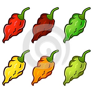 Set of ghost pepper carolina reaper spiciest chili, isolated on white background. Vector cartoon flat design illustration