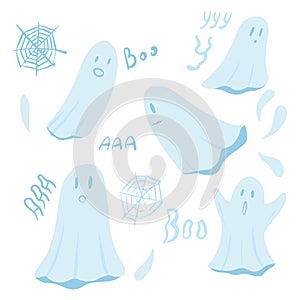 Set ghost on white background. Cartoon cute spirit, web, boo in style doodle