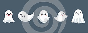 Set of ghosts with smiling faces for Halloween. Vector flat style illustration for design poster, banner, print