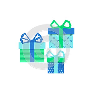 Set with gift for any design. Colorful blank cardboard package box. Product packaging. White background. Surprise symbol. Gift box