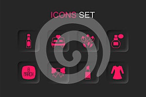 Set Gift bow, Bedroom, Champagne bottle, Lipstick, Perfume, Woman dress, Flower tulip and 8 March icon. Vector