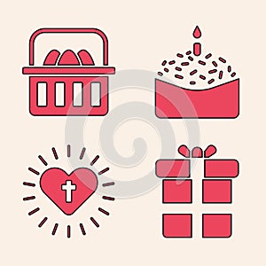 Set Gift box, Basket with easter eggs, Easter cake and candle and Christian cross and heart icon. Vector