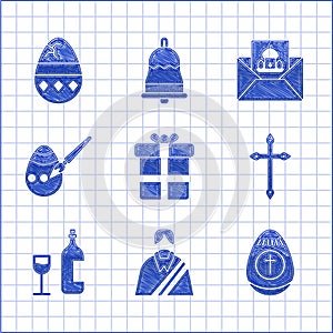 Set Gift box, Jesus Christ, Easter egg, Christian cross, Wine bottle with glass, and paint brush, Greeting card Happy