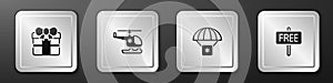 Set Gift box, Rescue helicopter, Humanitarian aid and Free sign icon. Silver square button. Vector