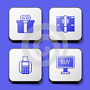 Set Gift box, Stacks paper money cash, POS terminal and Buy button icon. White square button. Vector