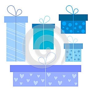 Set of gift boxes with bows. Gifts in blue colors for boys for birthday, for any holiday and party, holiday gifts