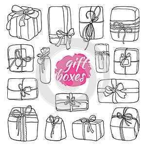 Set of gift boxes in cartoon style. Doodle vector