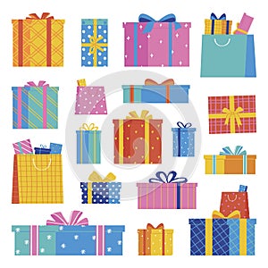 Set of gift boxes isolated on white background. Beautiful boxes tied with ribbons. Vector illustration in flat style