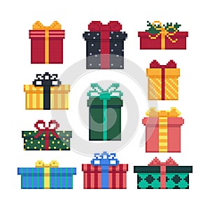 Set of gift boxes isolated on a white background. 8 bit. Graphics for games. Vector illustration in pixel style