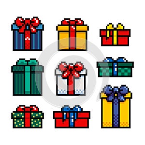 Set of gift boxes isolated on a white background. Vector illustration in pixel art style. 8 bit Graphics for games