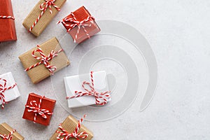 Set of gift boxes on light gray background. Christmas sale