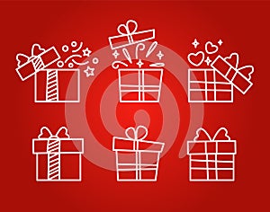 Set of gift boxes on a red background. Present
