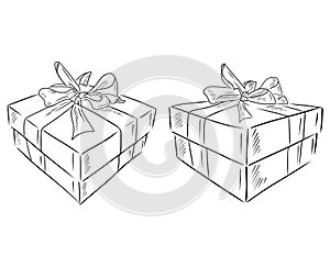 Set of gift boxes with ribbon and bow isolated on white background. Hand drawn vector sketch illustration in doodle simple vintage