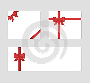 Set of gift card with bow, ribbon. Wrap gift with red realistic ribbon. Template for present, invitation, gift, banner,