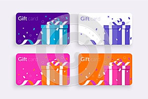 Set of gift card, Flat style box and ribbons confetti. Vector