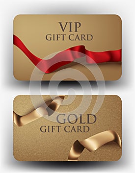 Set of gift cards with realistic ribbons.