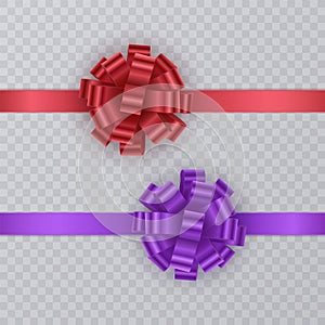 Set of gift ribbons with realistic Bow of red and purple. Gift Element For Card Design. Holiday Background. Vector