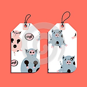 Set of gift tags with fat cute piggy.