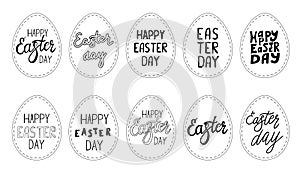 Set of gift tags in the shape of an egg with the inscription Happy Easter. Black-white vector illustration. Hand lettering.