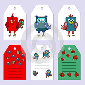 Set gift tags. Stock set of children's birthday party. Flat bird design.