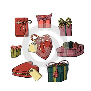 Set of gift wrapping, boxes and bow knots clipart. collection of holiday decoration objects