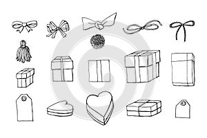 Set of gift wrapping, boxes and bow knots clipart. collection of holiday decoration objects.