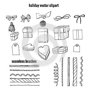 Set of gift wrapping, boxes and bow knots clipart. collection of holiday decoration objects