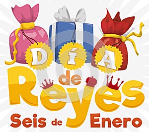 Set of Gifts and Sign for Spanish Dia de Reyes, Vector Illustration