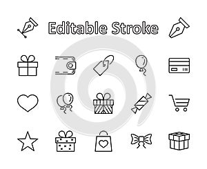 A set of gifts, vector line icons. Contains symbols gift cards, ribbons and more. Editable Stroke. 32x32 pixel.