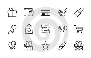 Set of Gifts Vector Line Icons. Contains Symbols Gift Cards, Ribbons and more. Editable Stroke. 32x32 pixel