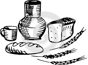 The set of gifts of the village, milk, bread. In black color, vector