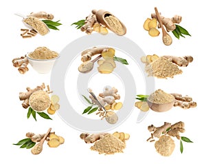 Set with ginger root and powder on white background