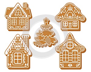 Set of gingerbread houses and Christmas trees. Festive decor elements, print vector