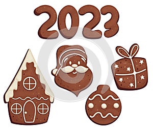 Set of gingerbread with icing patterns, Santa, gift, house, 2023 numbers, Christmas toy