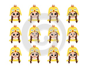 Set of girl avatar with big eye, wide smile and different emotions in cute yellow chicken hat