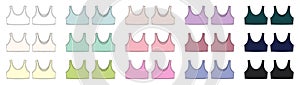 Set of girl bra technical sketch illustration. Casual underclothing multicolored collection. Women`s yoga underwear design photo