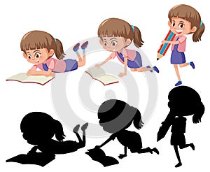 Set of a girl cartoon character in different positions with its silhouette