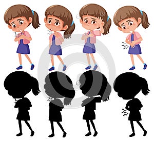 Set of a girl cartoon character in different positions with its silhouette