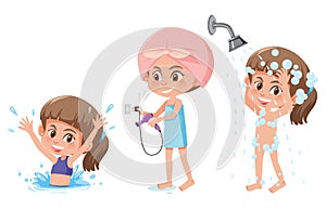 Set of a girl cartoon character doing different activities