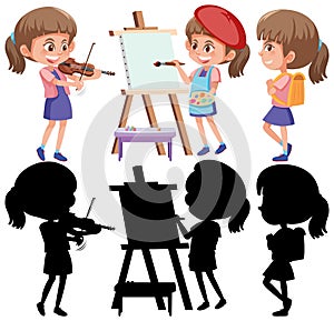 Set of a girl cartoon character doing different activities with its silhouette