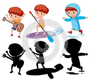 Set of a girl cartoon character doing different activities with its silhouette