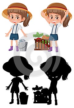 Set of a girl cartoon character doing different activities with its silhouette