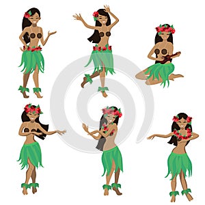 Set of girl in dance and sing with ukulele positions. Beautiful graceful Hawaiian girl dancing hula in traditional costume.